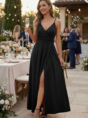 Newshows Lightweight V Neck Split Flowy Maxi Dress | Black | XXL